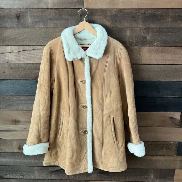 Vintage 90s Faux Shearling Gallery Caramel Winter Coat Warm Lined Medium - Picture 9 of 12